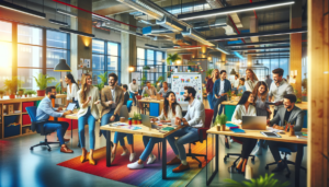 Lively and vibrant office scene at a marketing agency. This scene showcases a diverse group of people happily collaborating in a modern and colorful environment, engaging in various activities typical of a dynamic workplace.